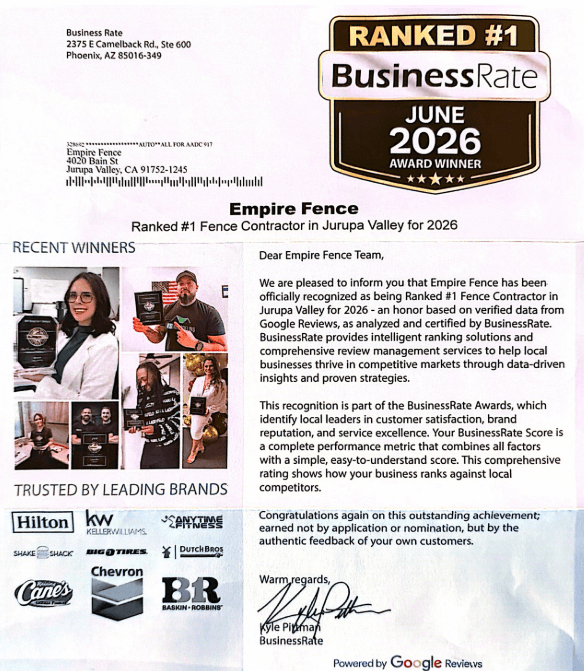 Empire Fence Ranked #1 Fence Contractor in Jurupa Valley – BusinessRate June 2026 Award